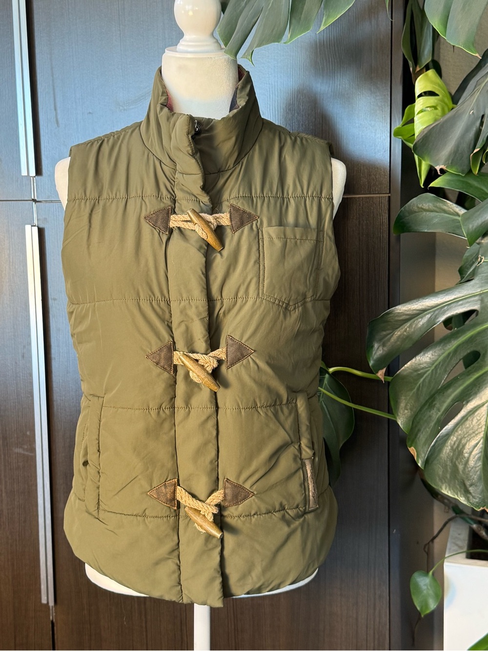 Olive Green Women's Puffer Vest with Toggle Closures